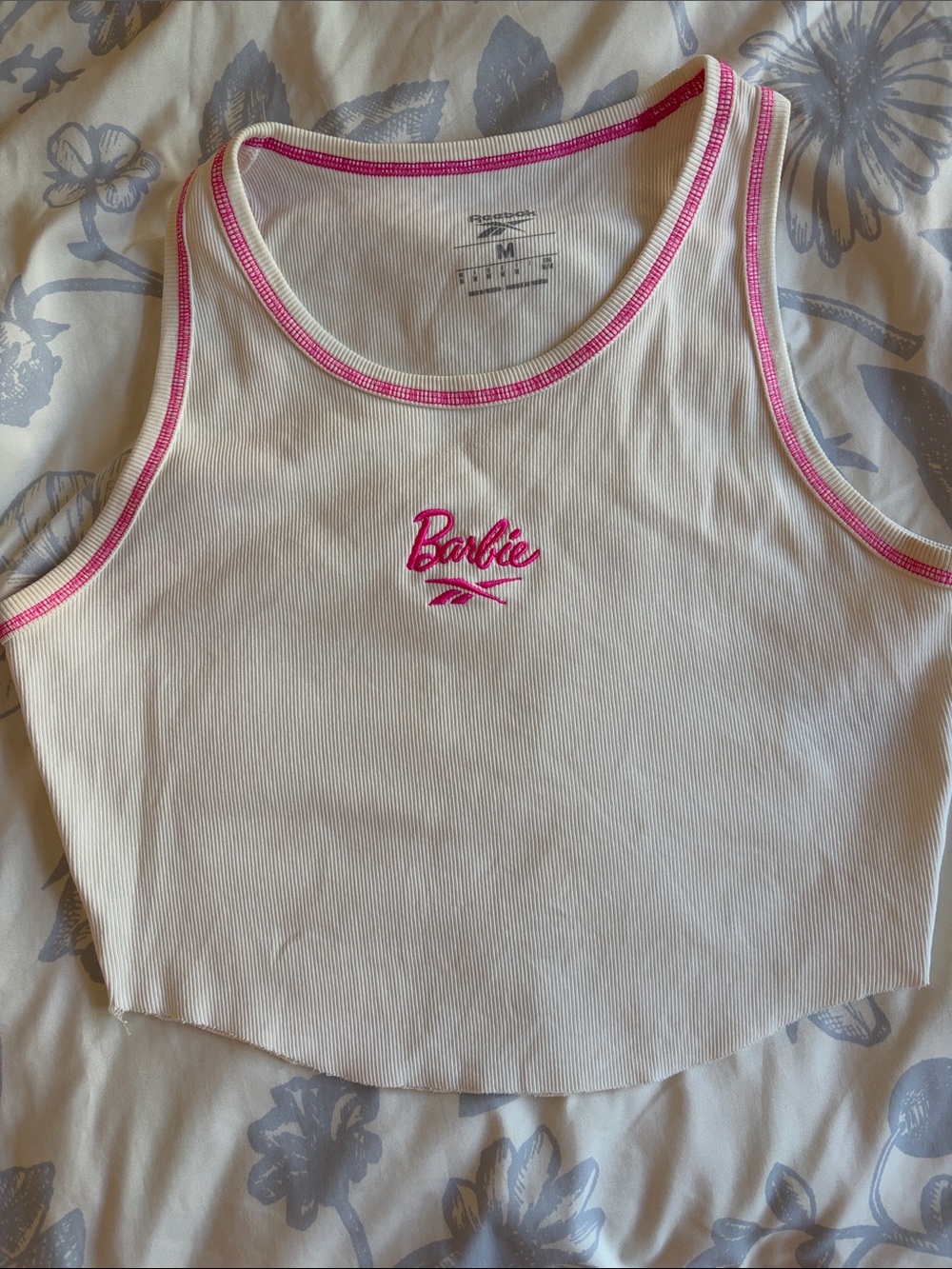 Barbie x Reebok White Ribbed Tank With Pink Embroidery and Raw Hem